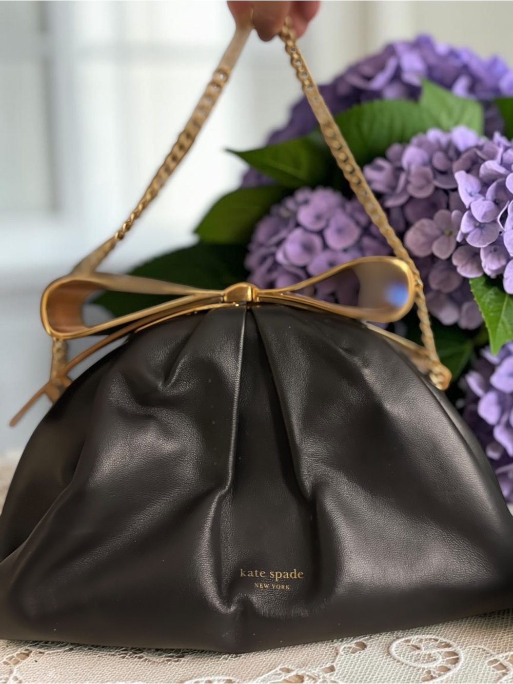 Kate Spade Bridal Smooth Leather Bow Frame Clutch Bag Black NWOT